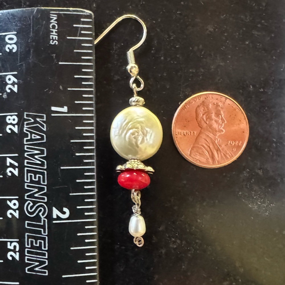 Handcrafted Genuine Silver Coin Pearl & Red Coral Bead Drop w/ Dangles Earrings - Picture 13 of 15